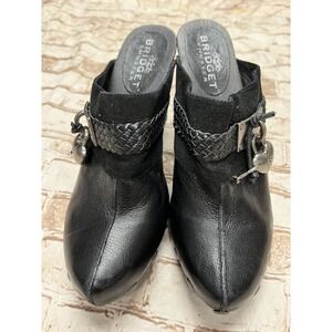 BRIDGET SHUSTER 10‎ Shoes SASSY BLACK LEATHER MULE HEELS Lock Heart Clogs